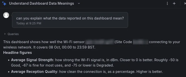 The AI assistant answering 'can you explain what the data reported on this dashboard mean?' with a plain-English explanation of Wi-Fi signal strength and reception quality.