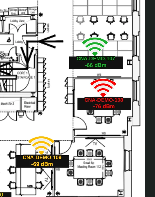 A floor plan with three sensors: one green at −66 dBm, one amber at −69 dBm and one red at −76 dBm.